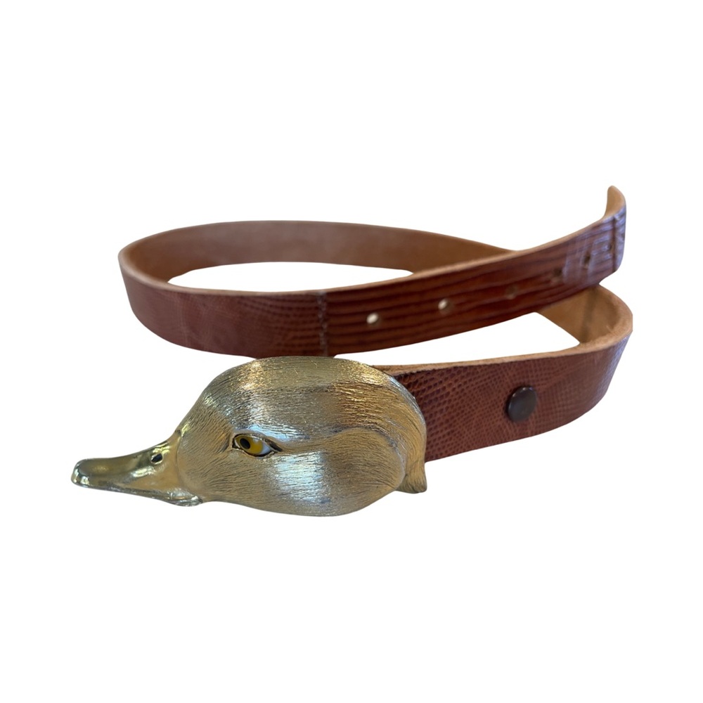 Vintage Mallard water fowl leather belt with metal buckle. Waist 30 - 25”